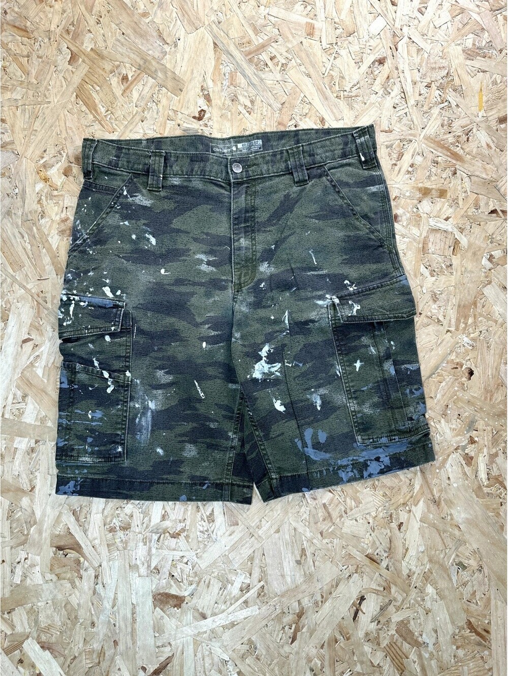 Carhartt Cargo Shorts Mens 36 Green Camo Painted Distressed Workwear Utility